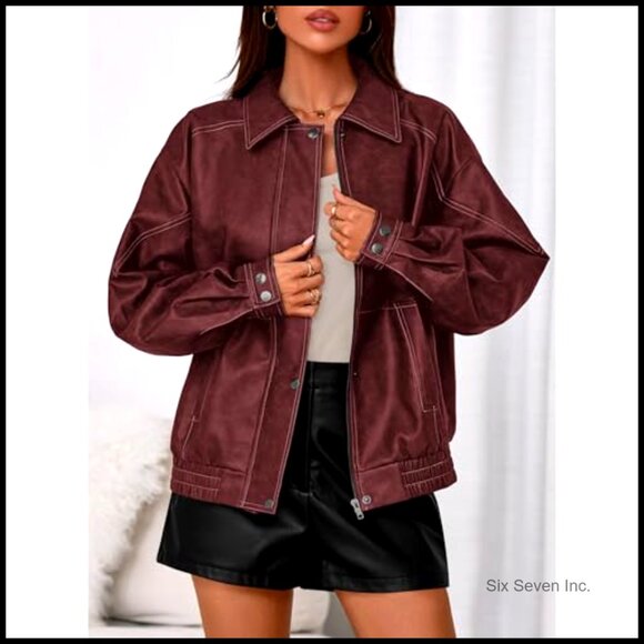 Faux Leather Bomber Jacket Oversized Moto Biker Style Winter Coat Retro Chic - Picture 2 of 7
